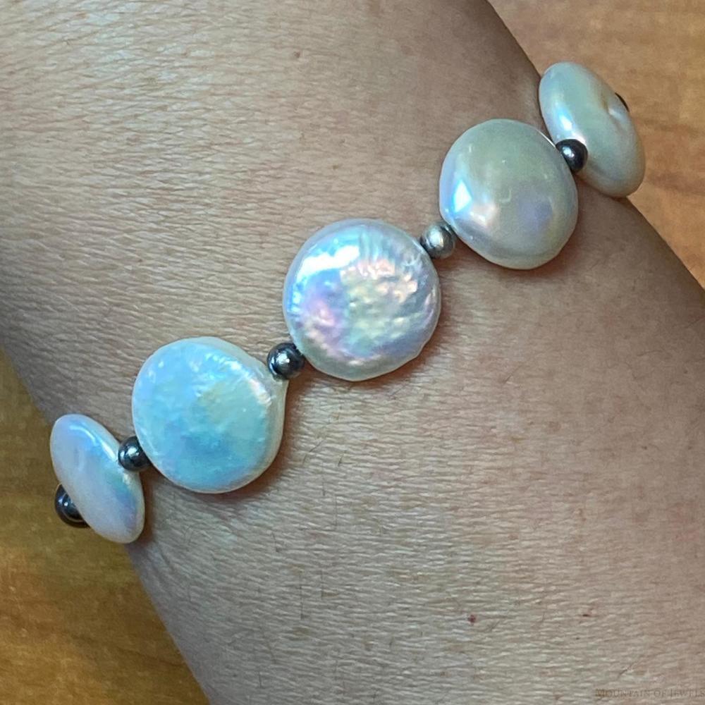Iridescent White Coin Pearl and Sterling Navajo Pearl Stretch Bracelet